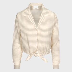 7 FOR ALL MANKIND Long Sleeve Tie Front Shirt in Soft White & Tan Stripe Size L